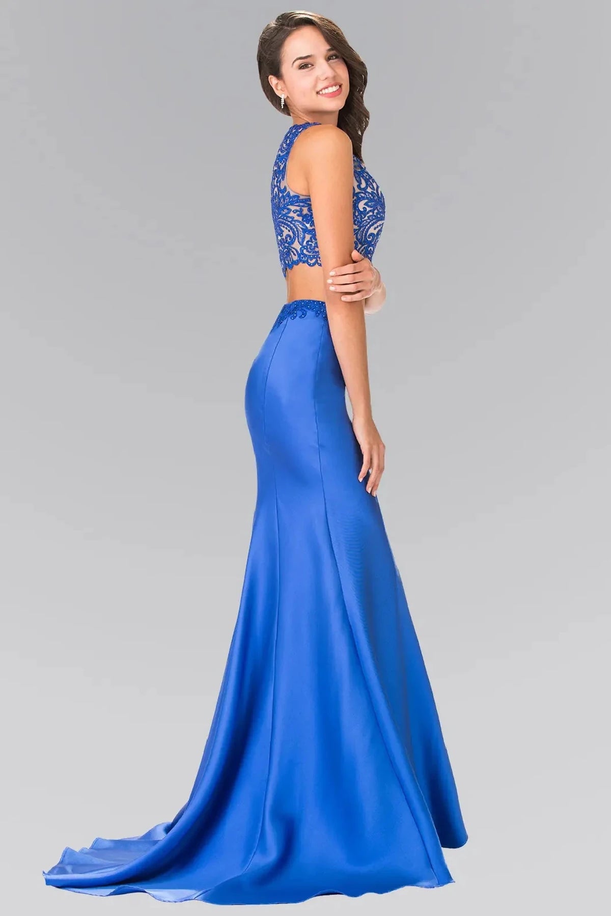 Royal Blue prom evening dress full back with sheer back