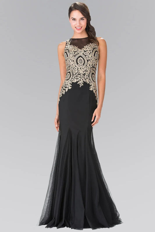 Detailed view highlights black beading embroidery formal dress detail.