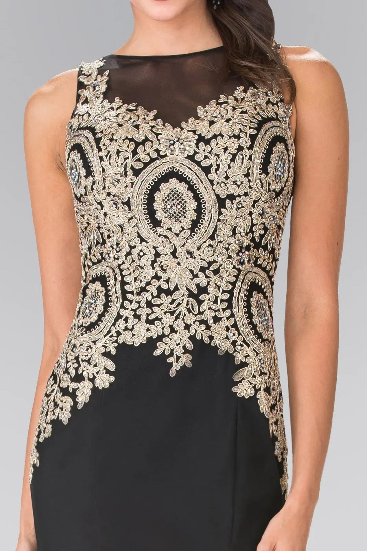 Black beading embroidery formal dress full front view