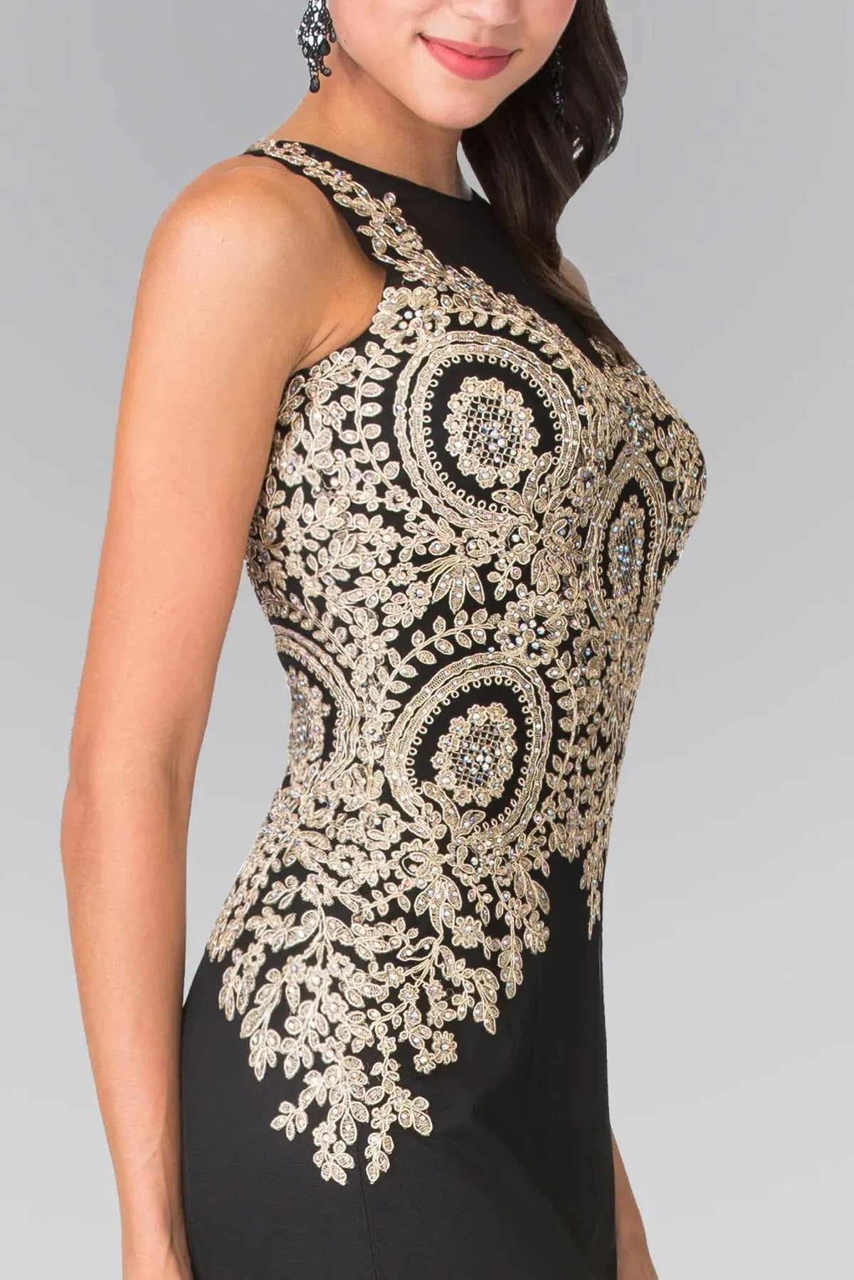 Black beading embroidery formal dress side detail