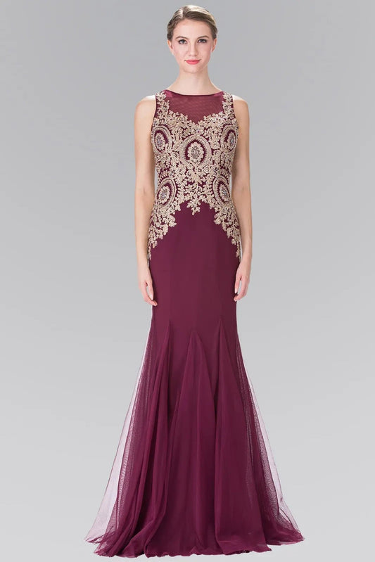 Bodice close-up highlights burgundy beading embroidery formal dress.