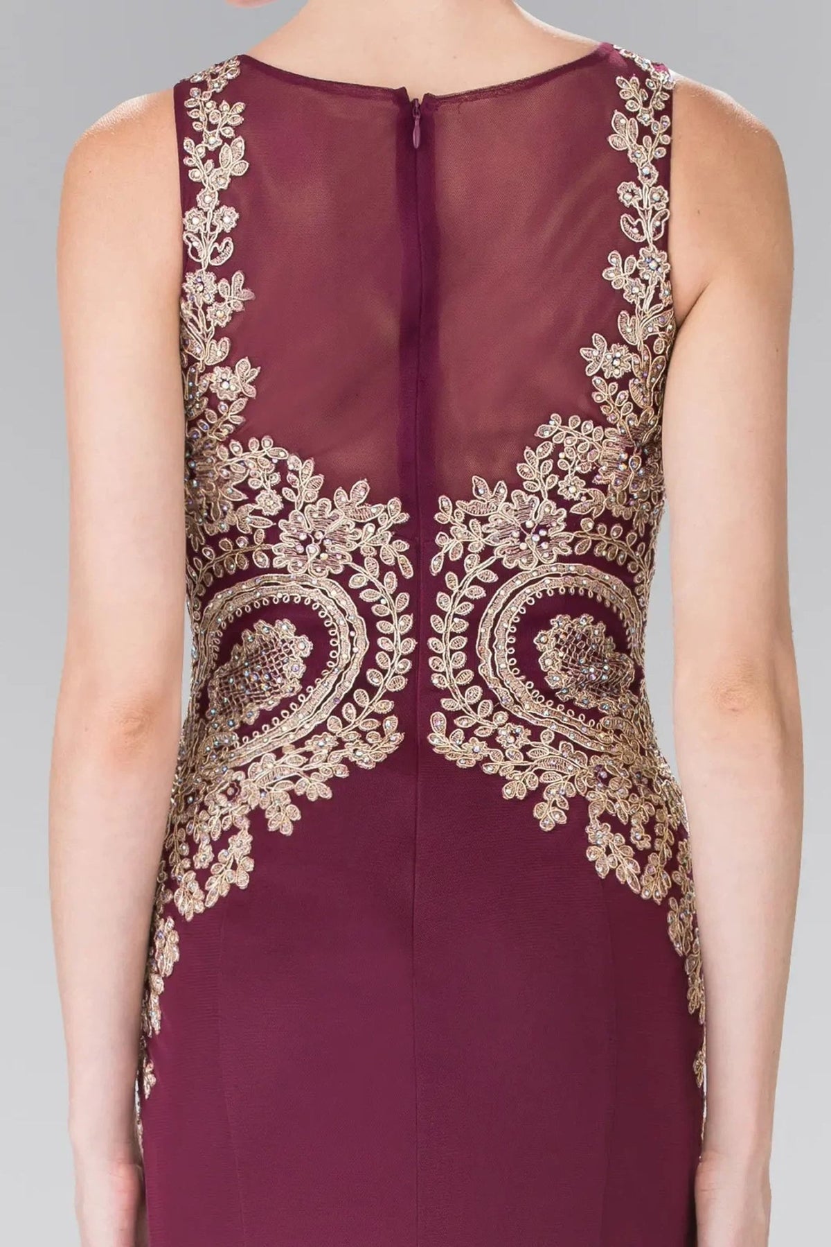 Burgundy beading embroidery formal dress detail