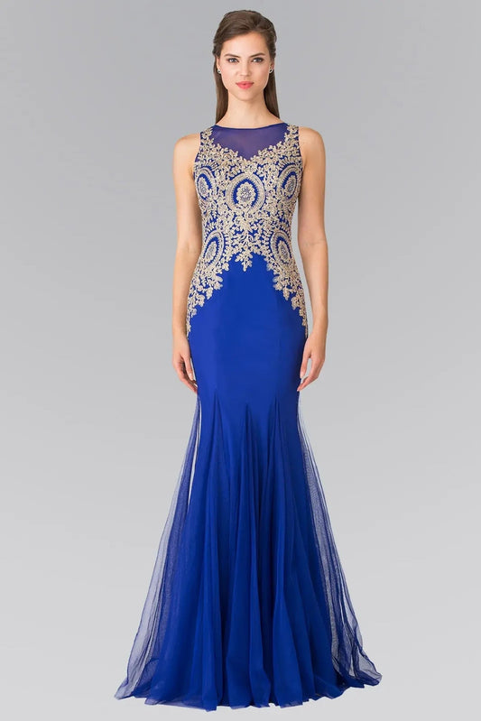 Rear view reveals royal Blue beading embroidery formal dress.