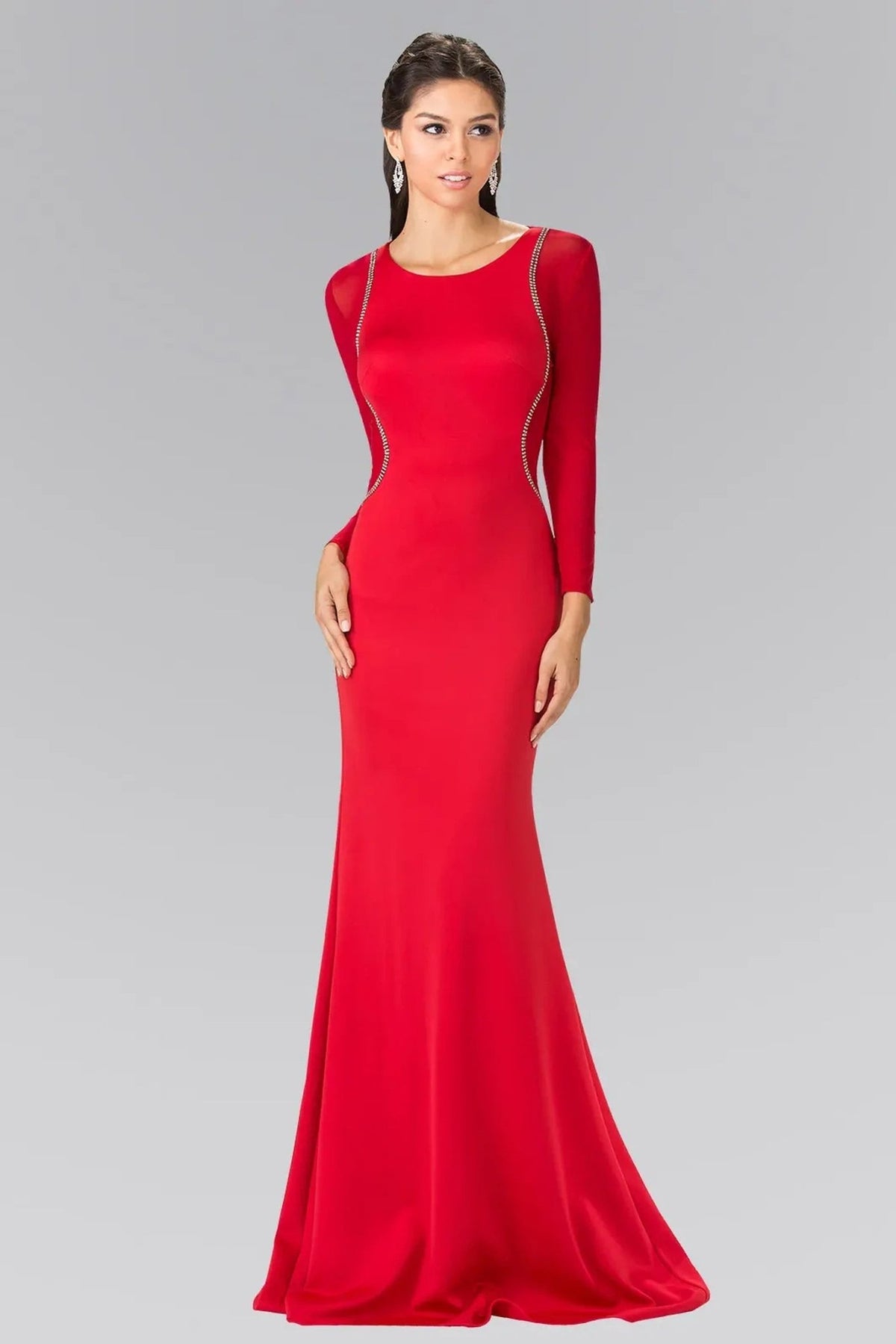 Red beading embellished formal dress back bodice detail