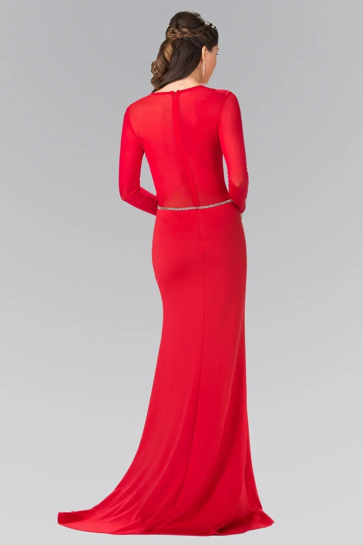 Red beading embellished formal dress front bodice view