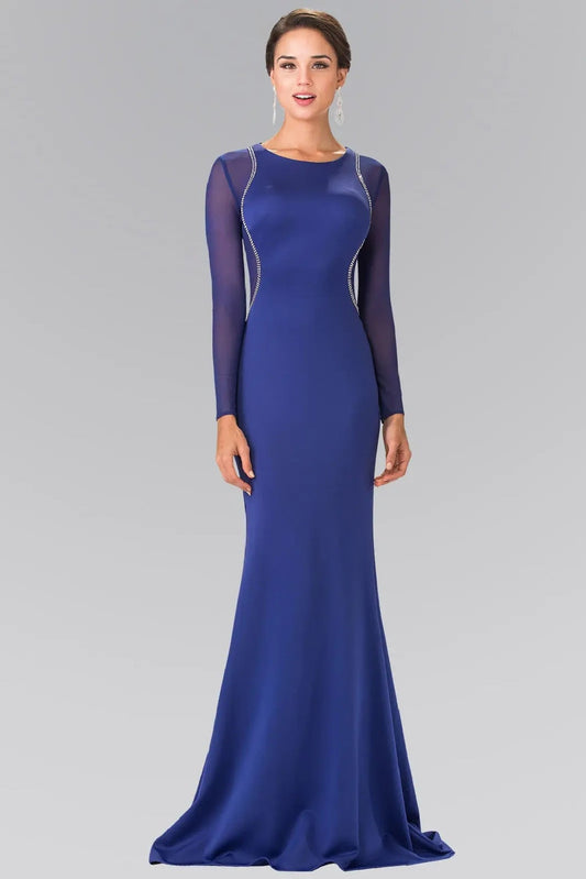 Rear view reveals royal Blue beading embellished formal dress.