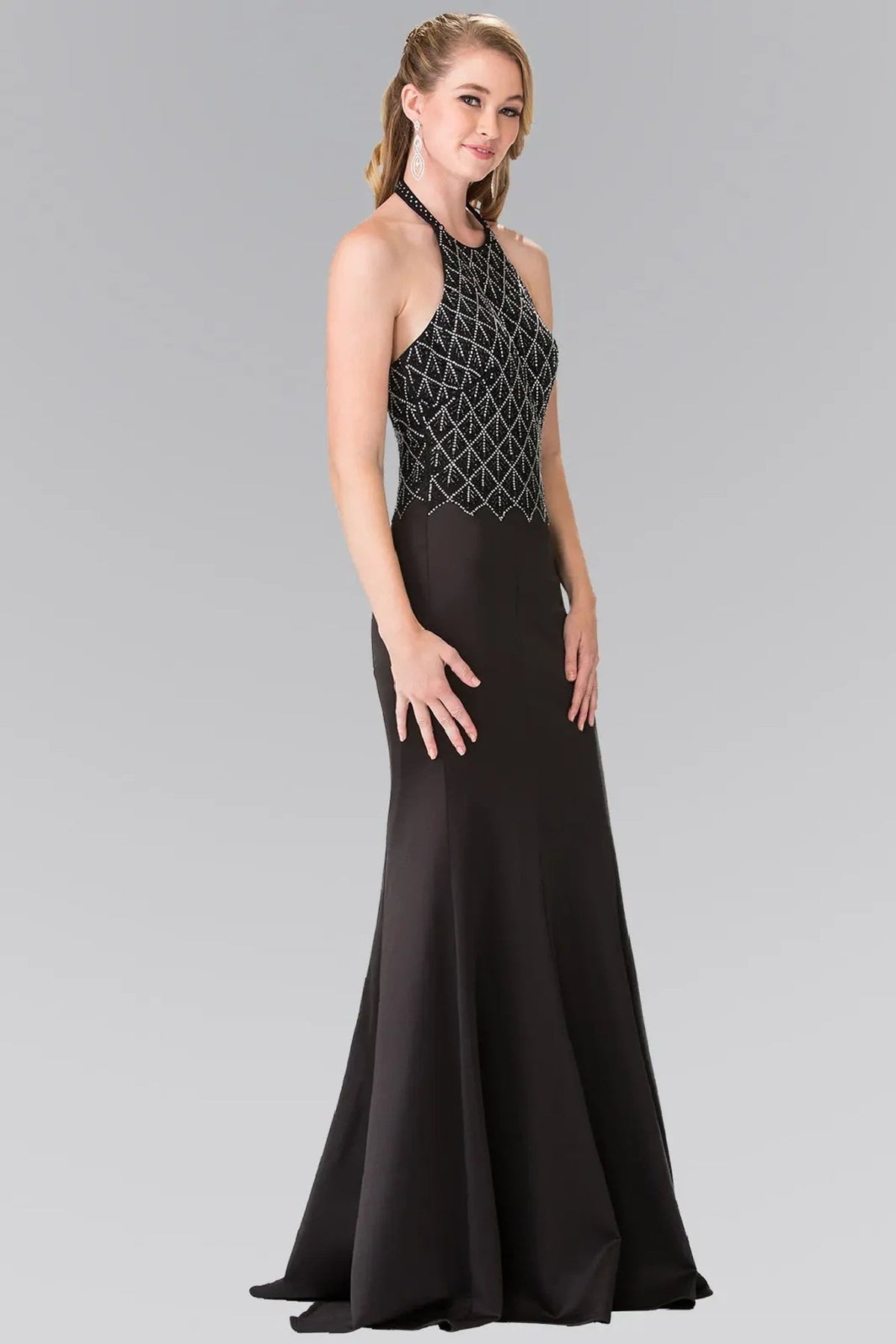 Black beading formal dress front bodice view
