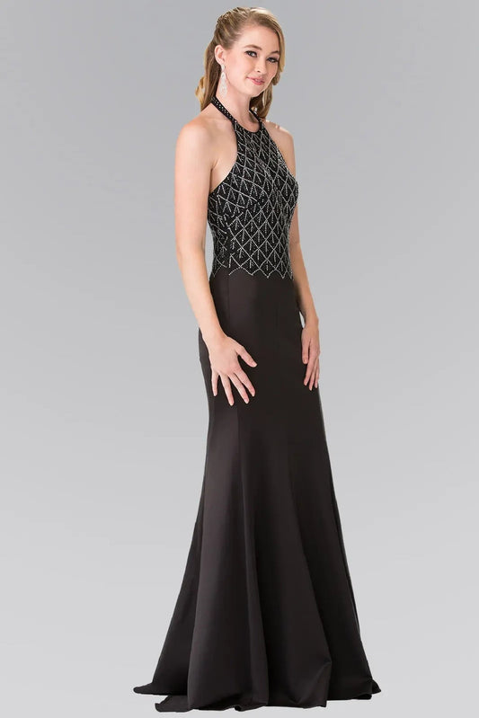 Bodice close-up highlights black beading formal dress.