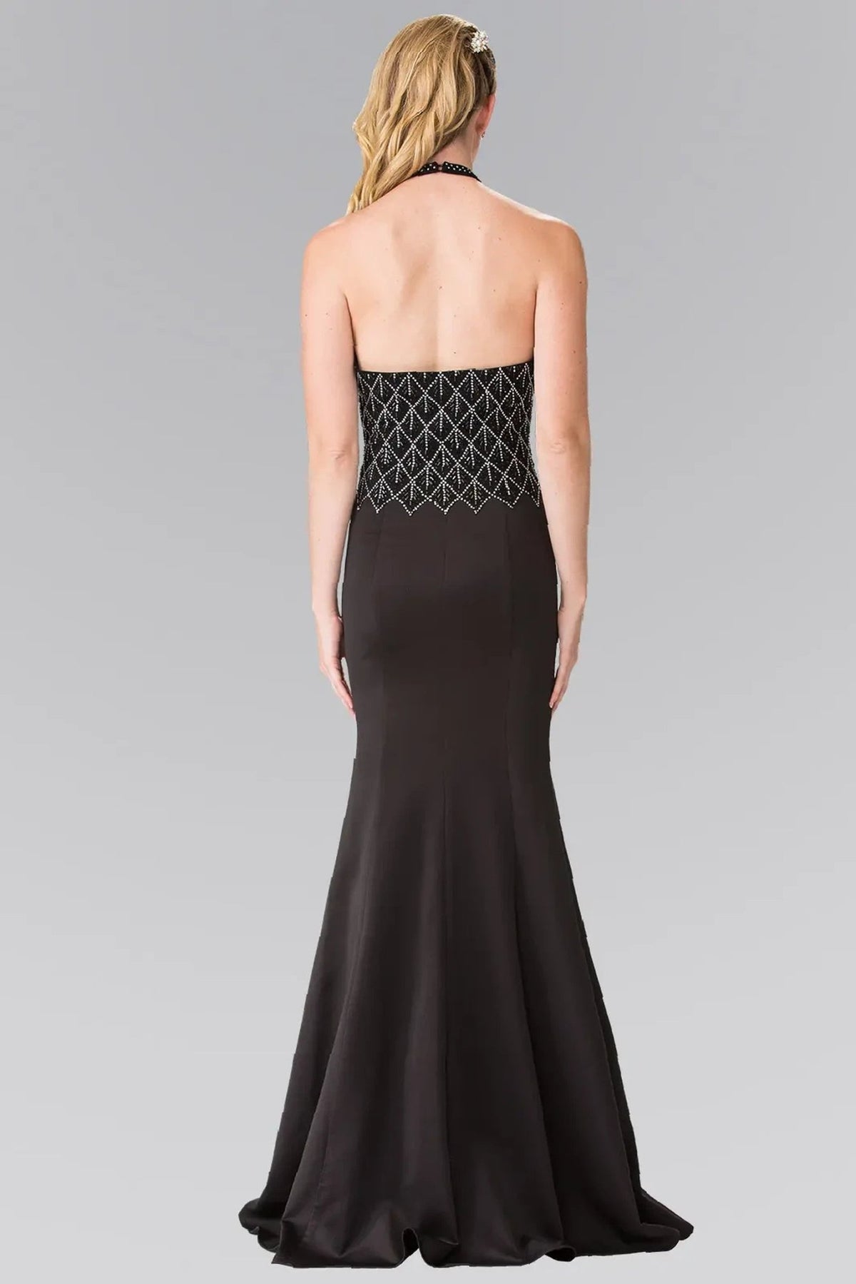 Black beading formal dress back bodice detail