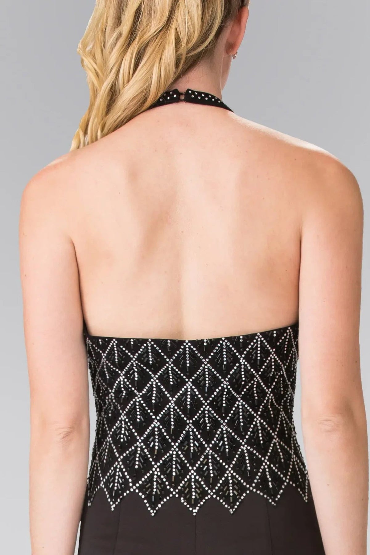 Black beading formal dress detail