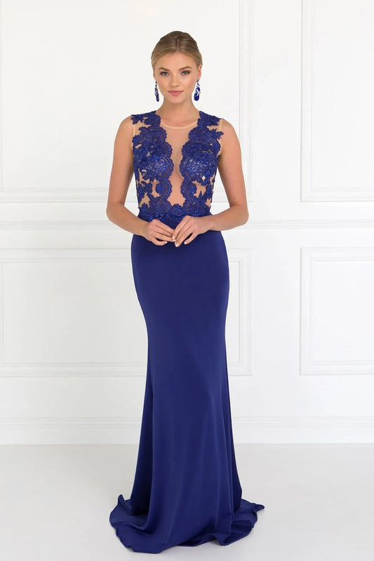 Detailed view highlights royal Blue beading formal dress detail.