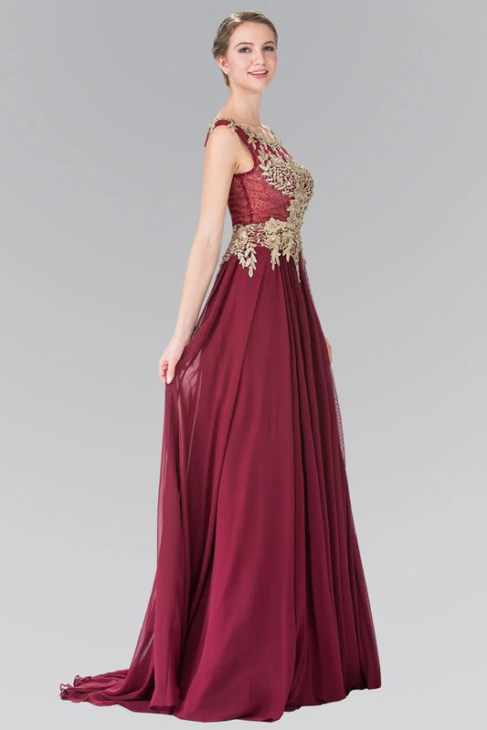 Skirt detail shows burgundy beading 3d detail floral formal dress skirt detail.
