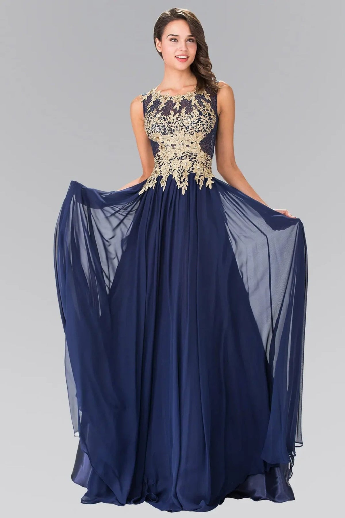 Navy beading 3d detail floral formal dress full back view