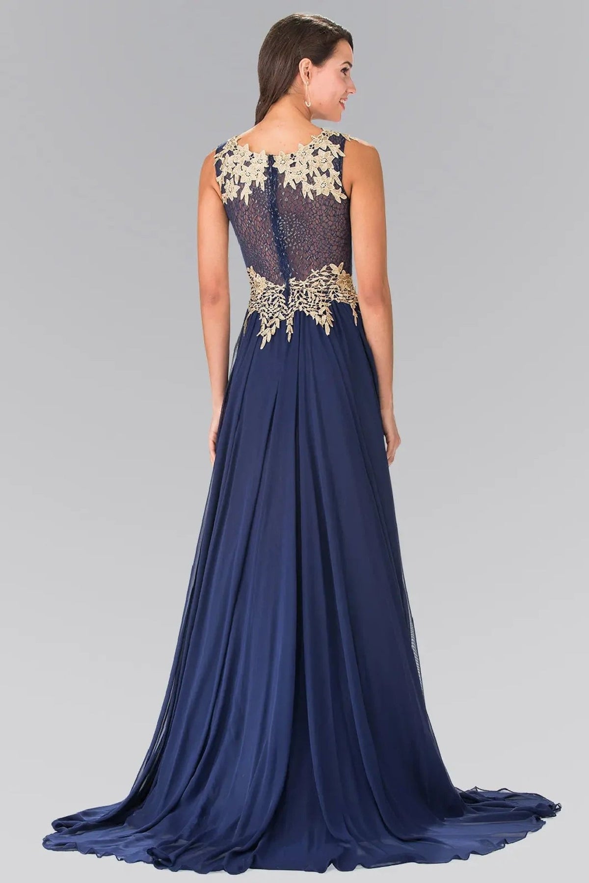 Navy beading 3d detail floral formal dress front bodice view