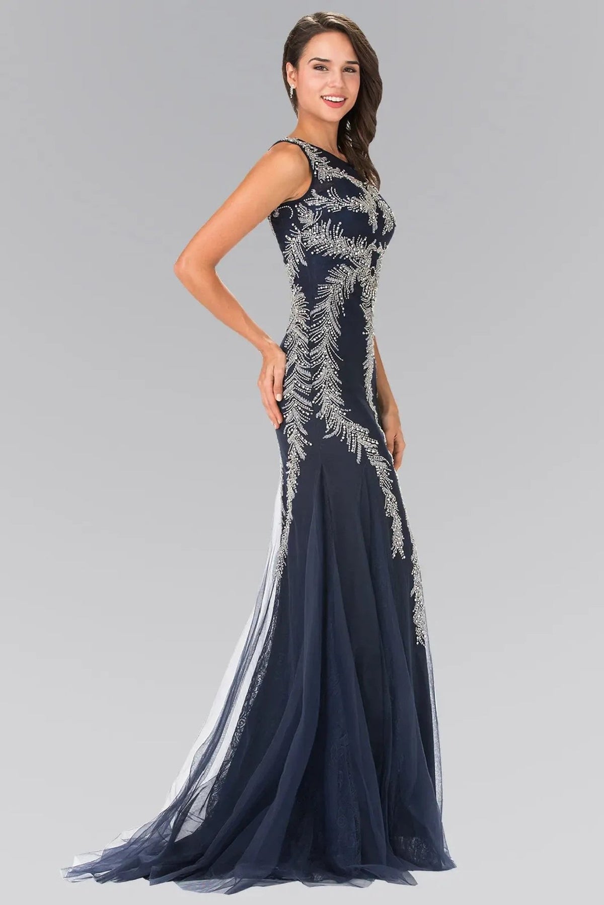 Navy beading embellished formal dress full front view