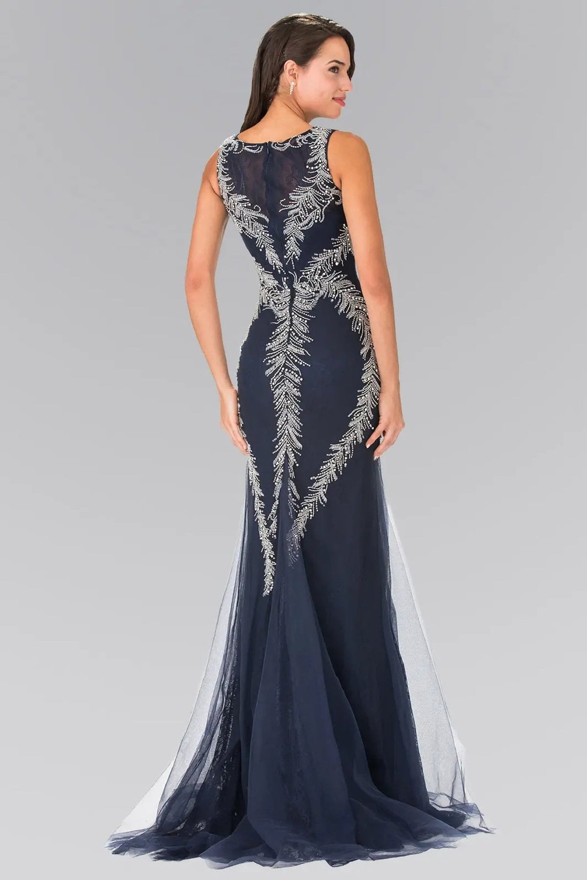 Navy beading embellished formal dress skirt detail