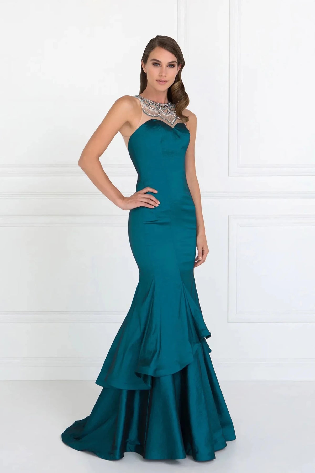 Teal beaded prom evening dress full front