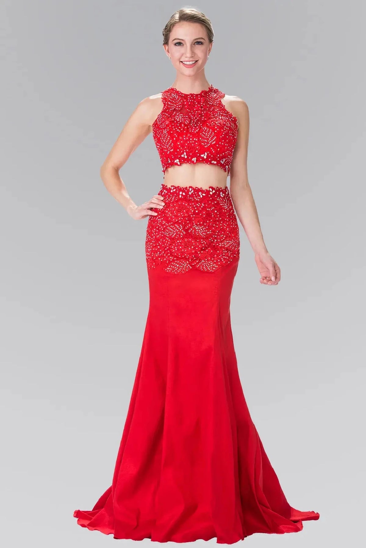 Red beaded prom evening dress full front