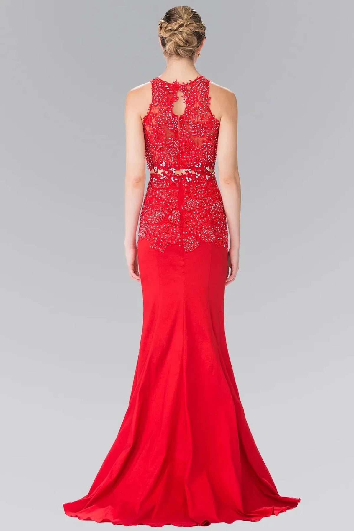 Red prom evening dress full back with sheer back