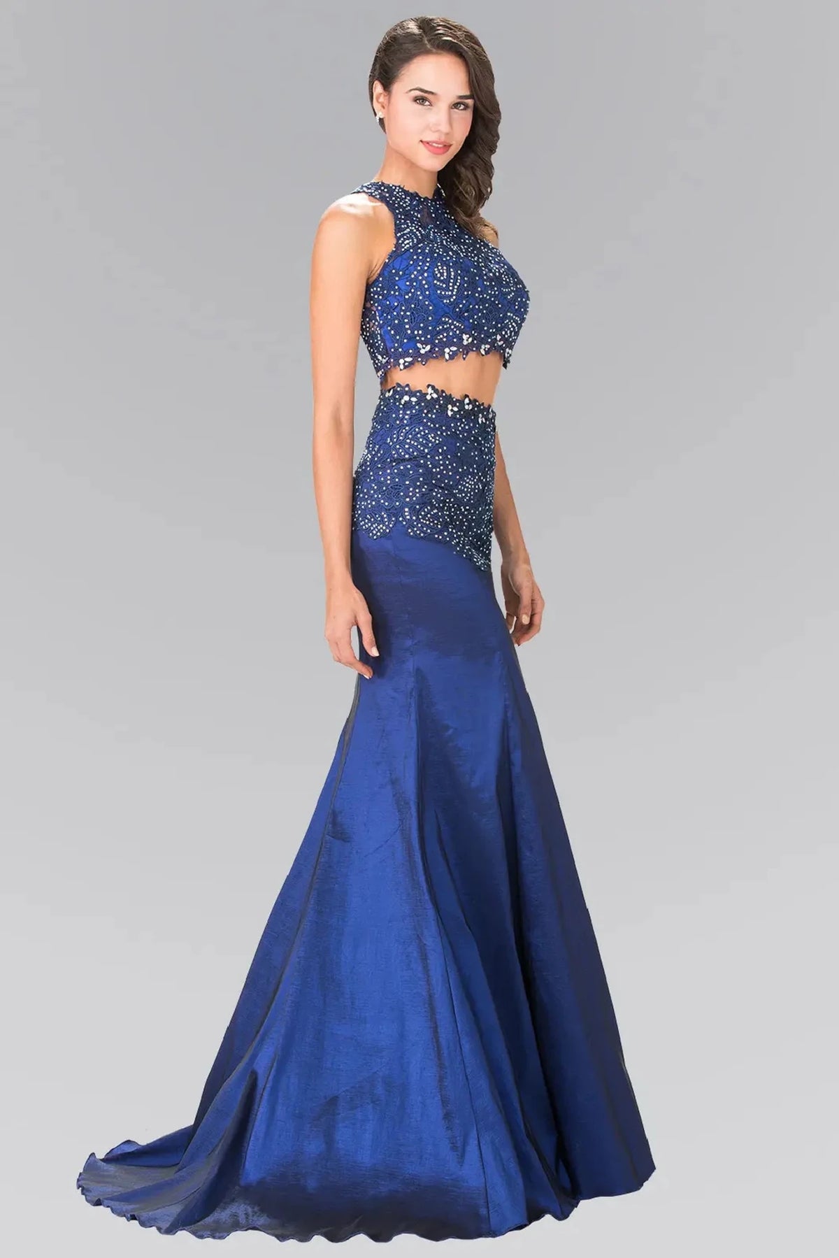 Royal Blue beaded prom evening dress full front