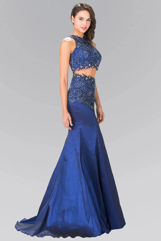 Full-length front view shows beaded styling on the Royal Blue prom evening dress.