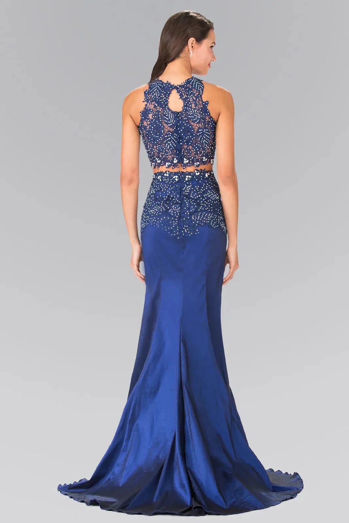 Royal Blue prom evening dress full back with sheer back