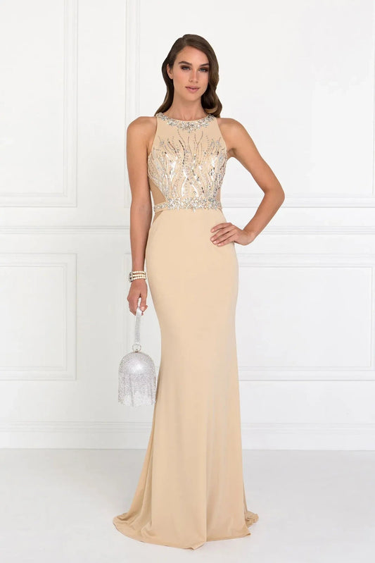 Bodice close-up highlights champagne beading embellished sequins formal dress.