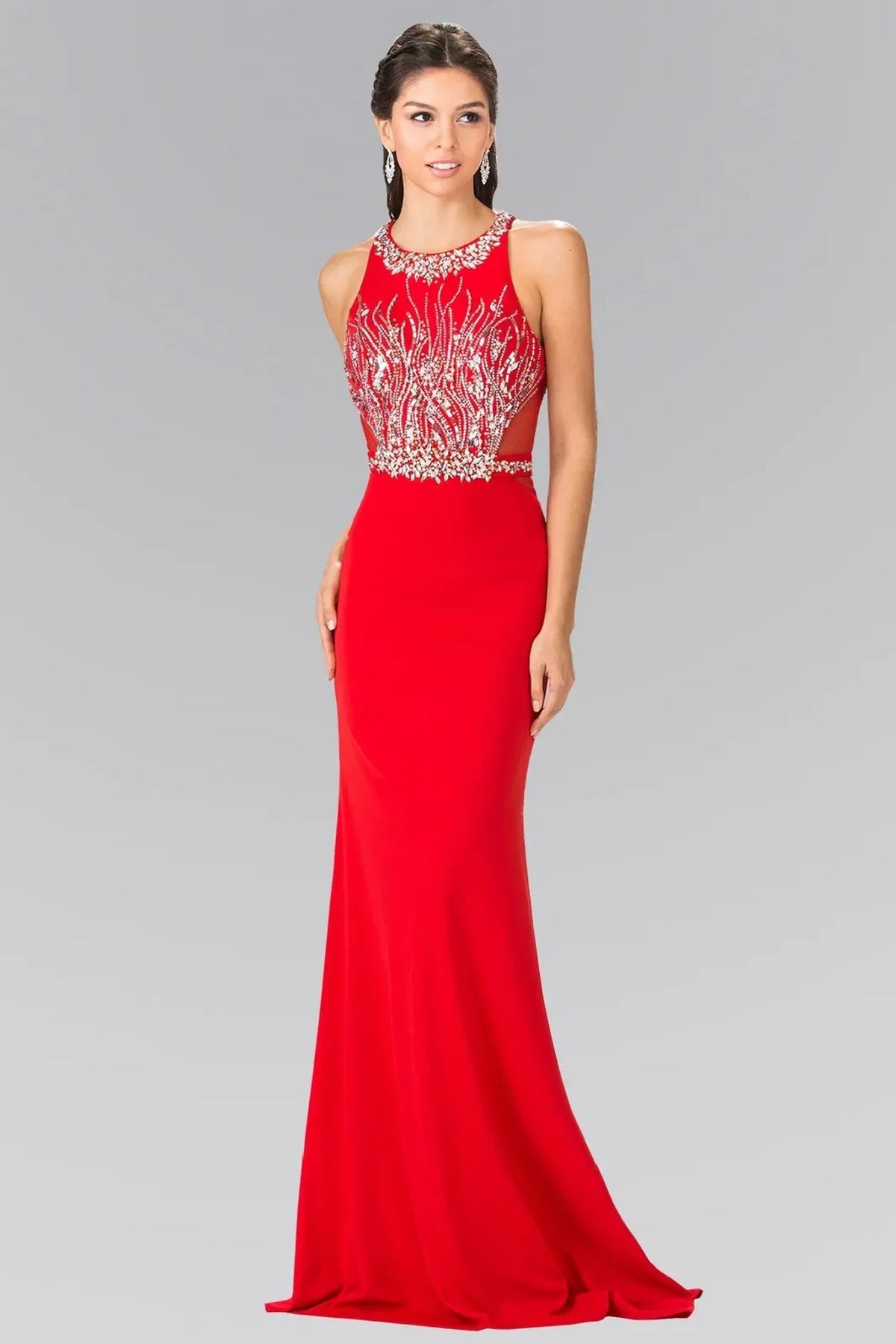Red beading embellished sequins formal dress detail