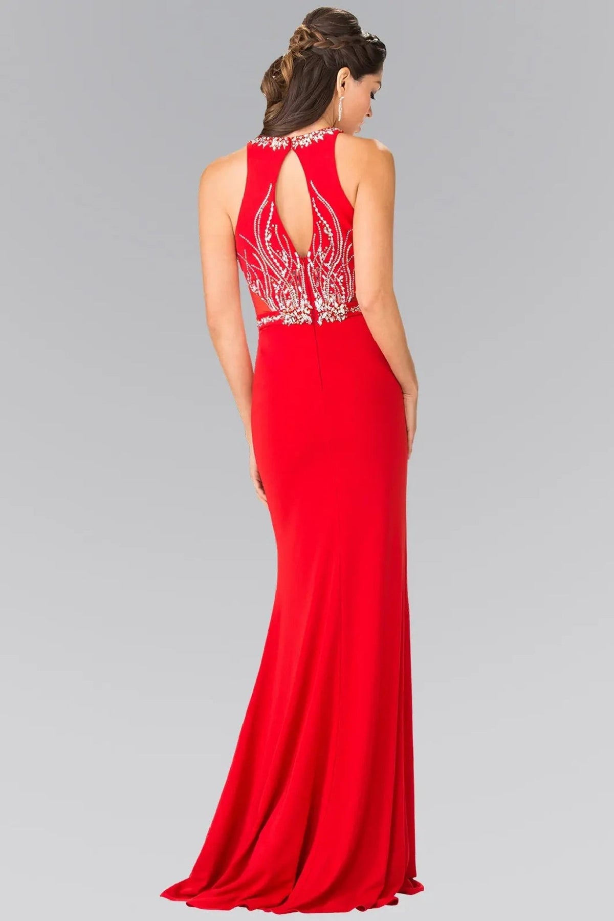 Red beading embellished sequins formal dress front bodice view