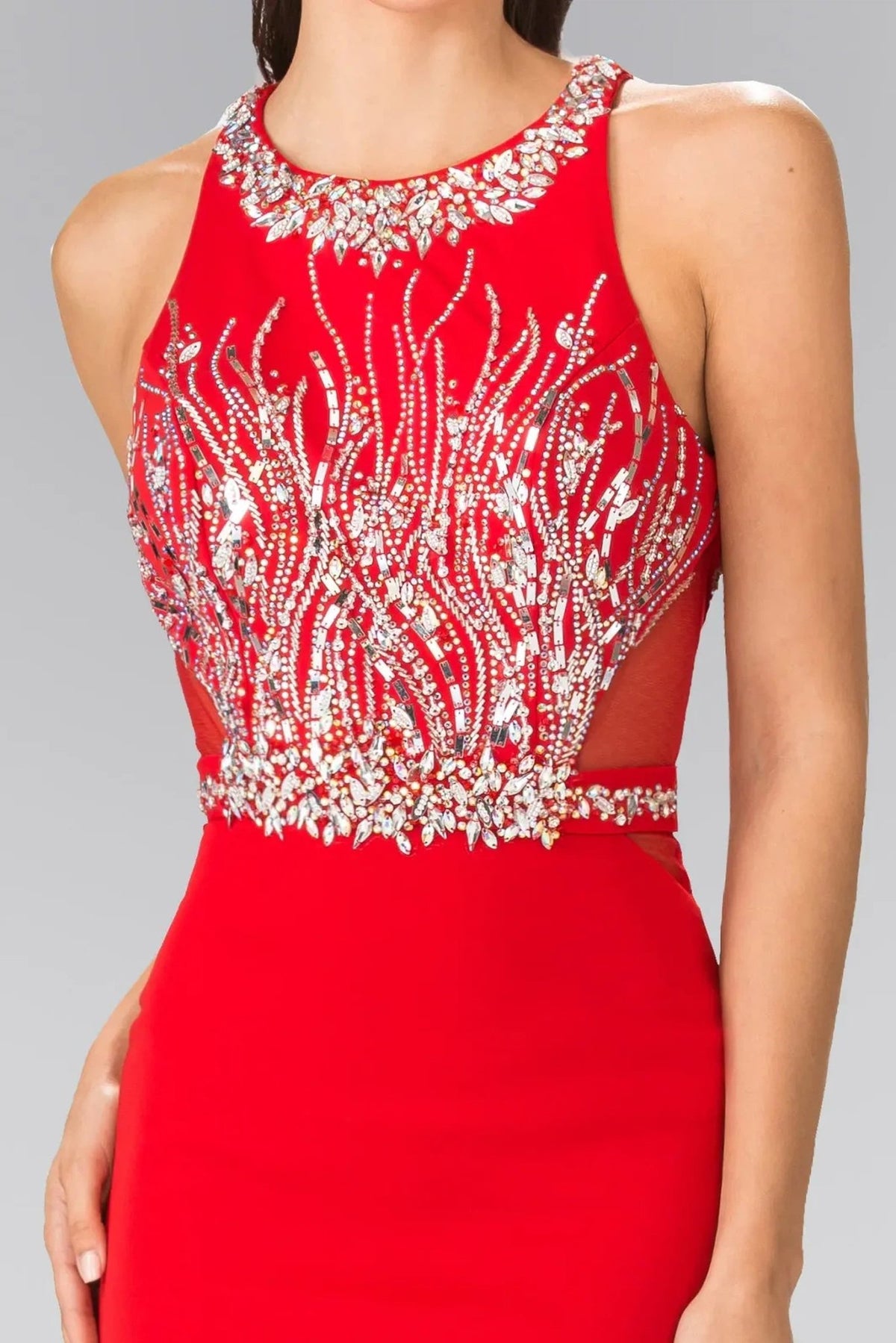 Red beading embellished sequins formal dress side detail