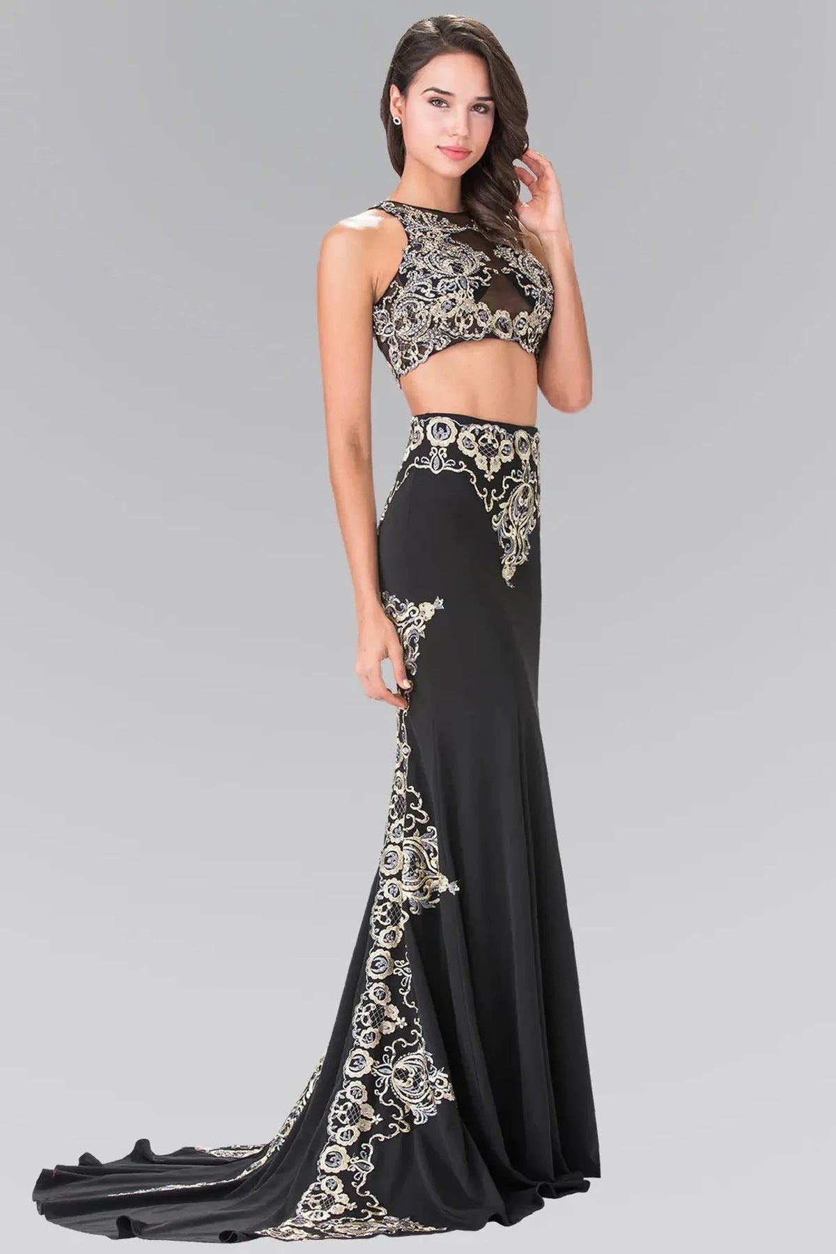 Black embroidered prom evening dress full front