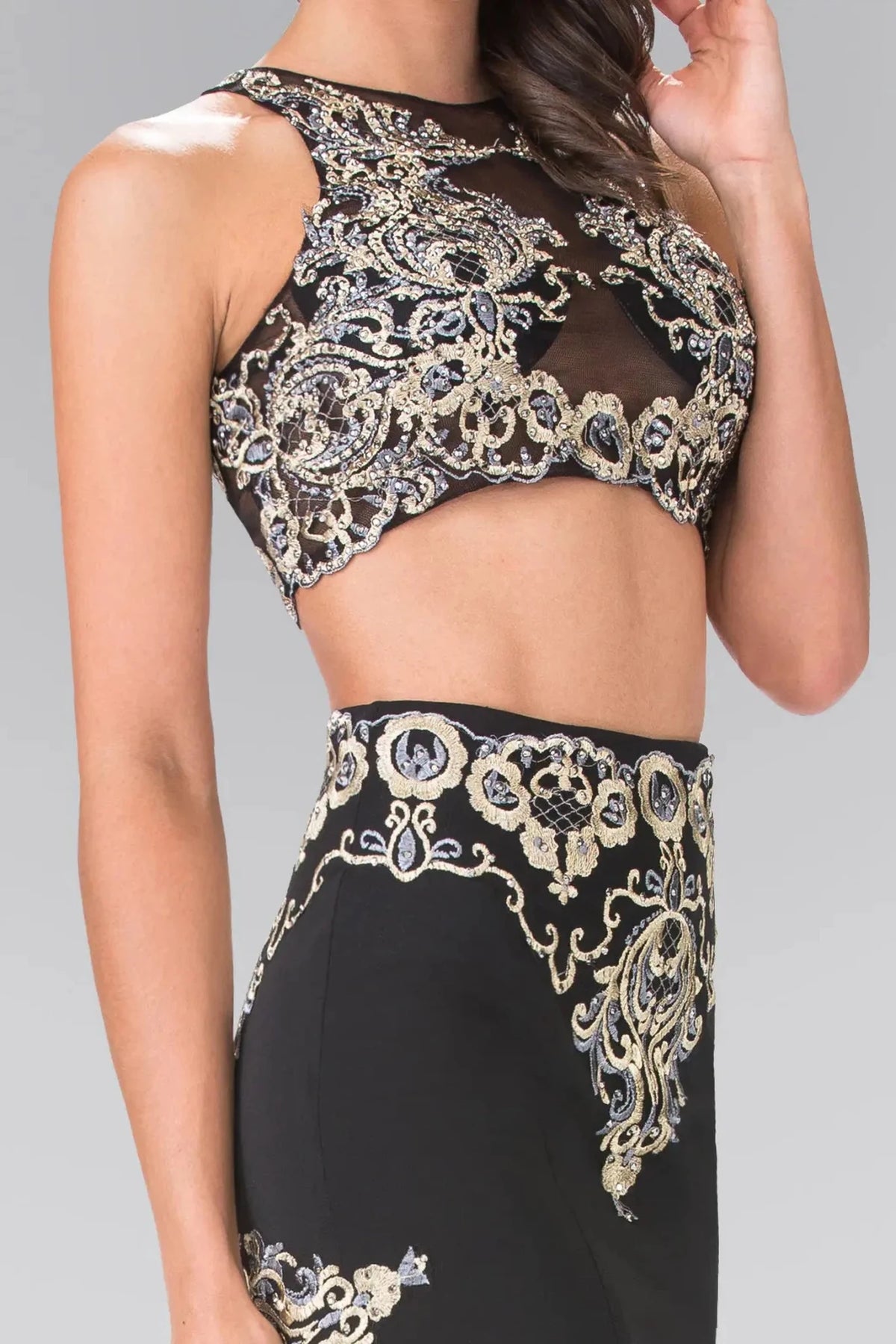 Black high neck prom evening dress upper front with beads, embroidery