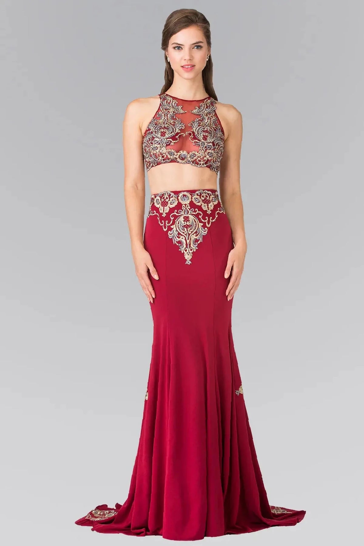 Burgundy embroidered prom evening dress full front