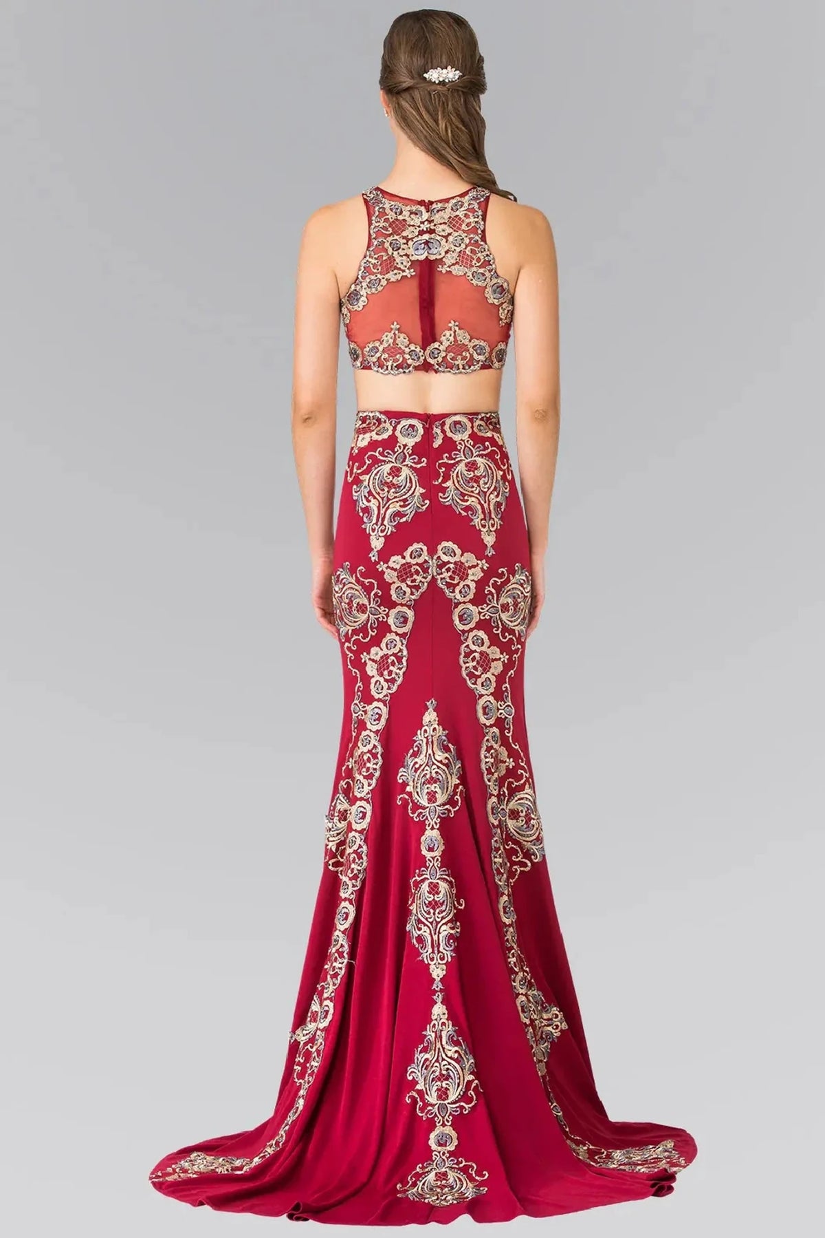 Burgundy prom evening dress full back with sheer back