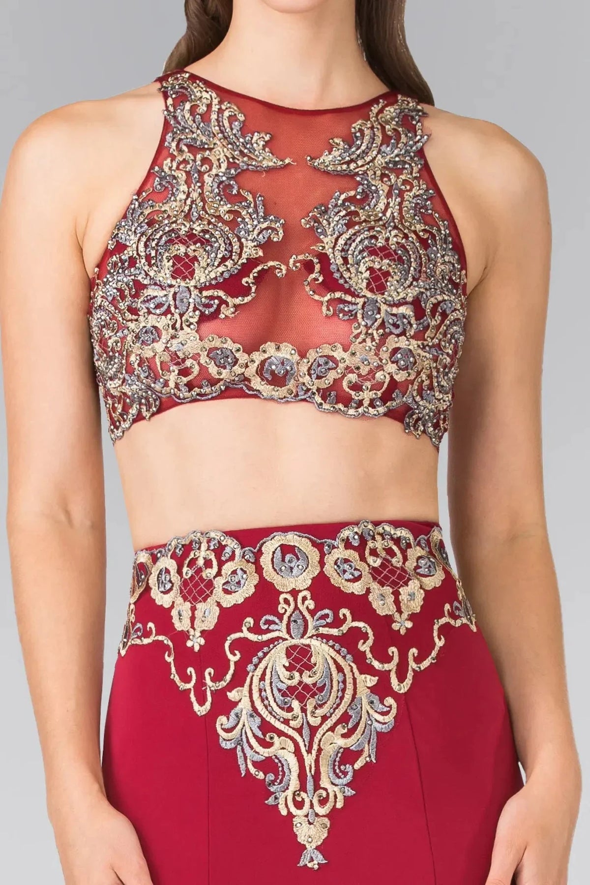 Burgundy high neck prom evening dress upper front with beads, embroidery