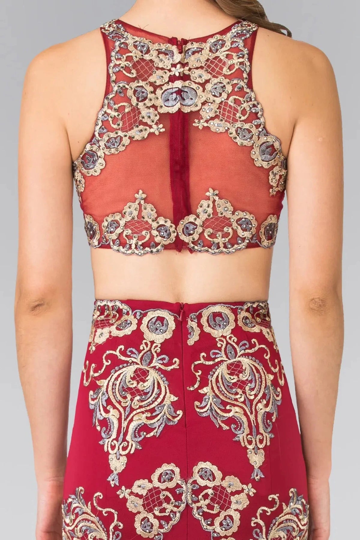 Burgundy prom evening dress mermaid skirt detail