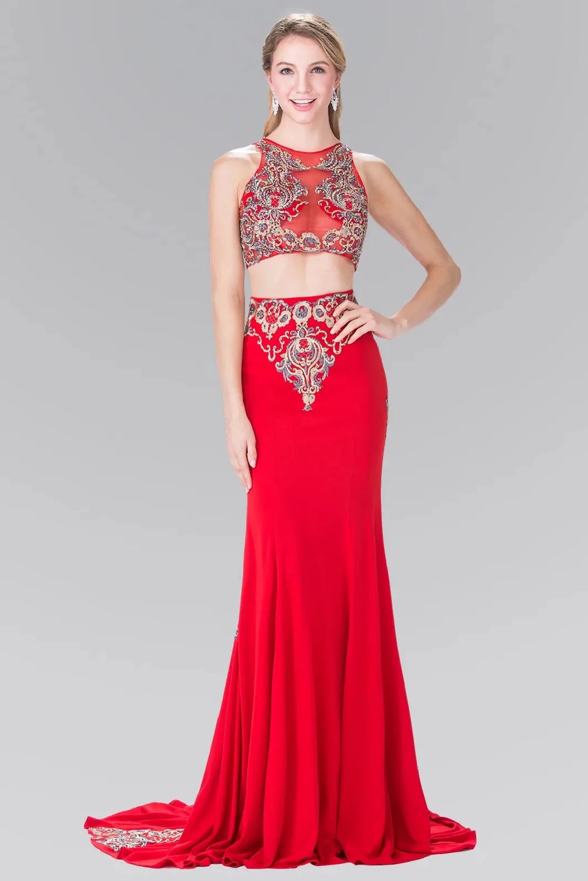Red embroidered prom evening dress full front