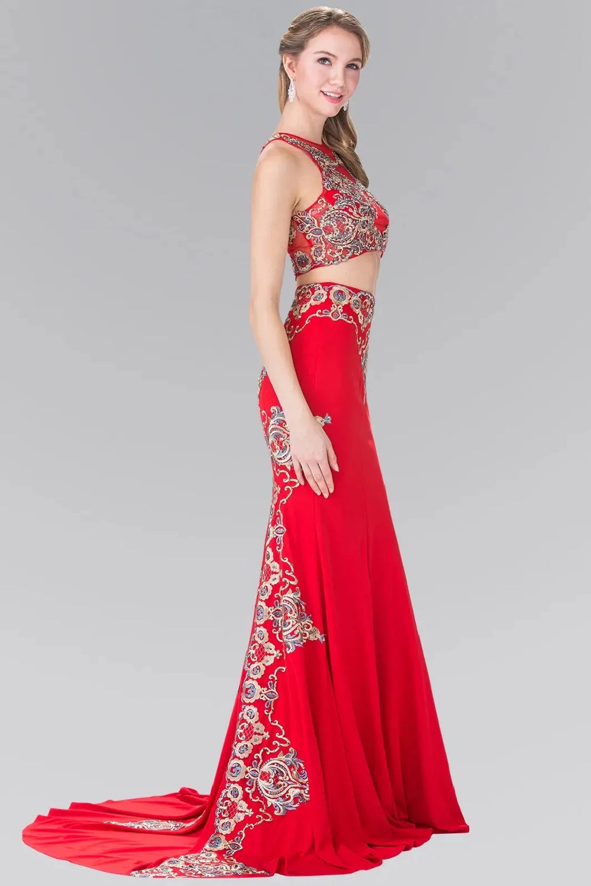 Red prom evening dress full back with sheer back