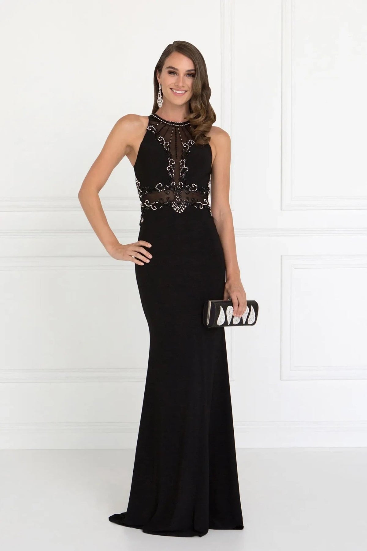 Black beading embellished formal dress full back view