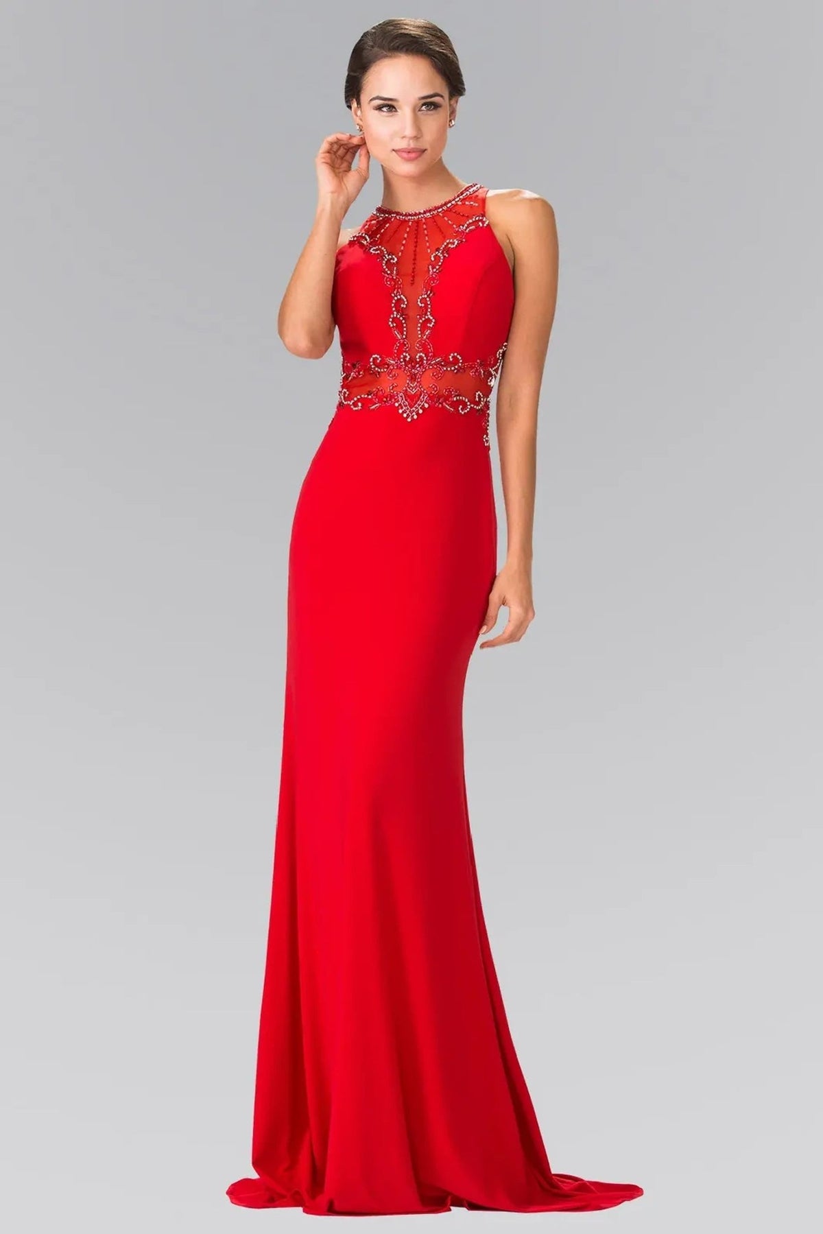 Red beading embellished formal dress front bodice view