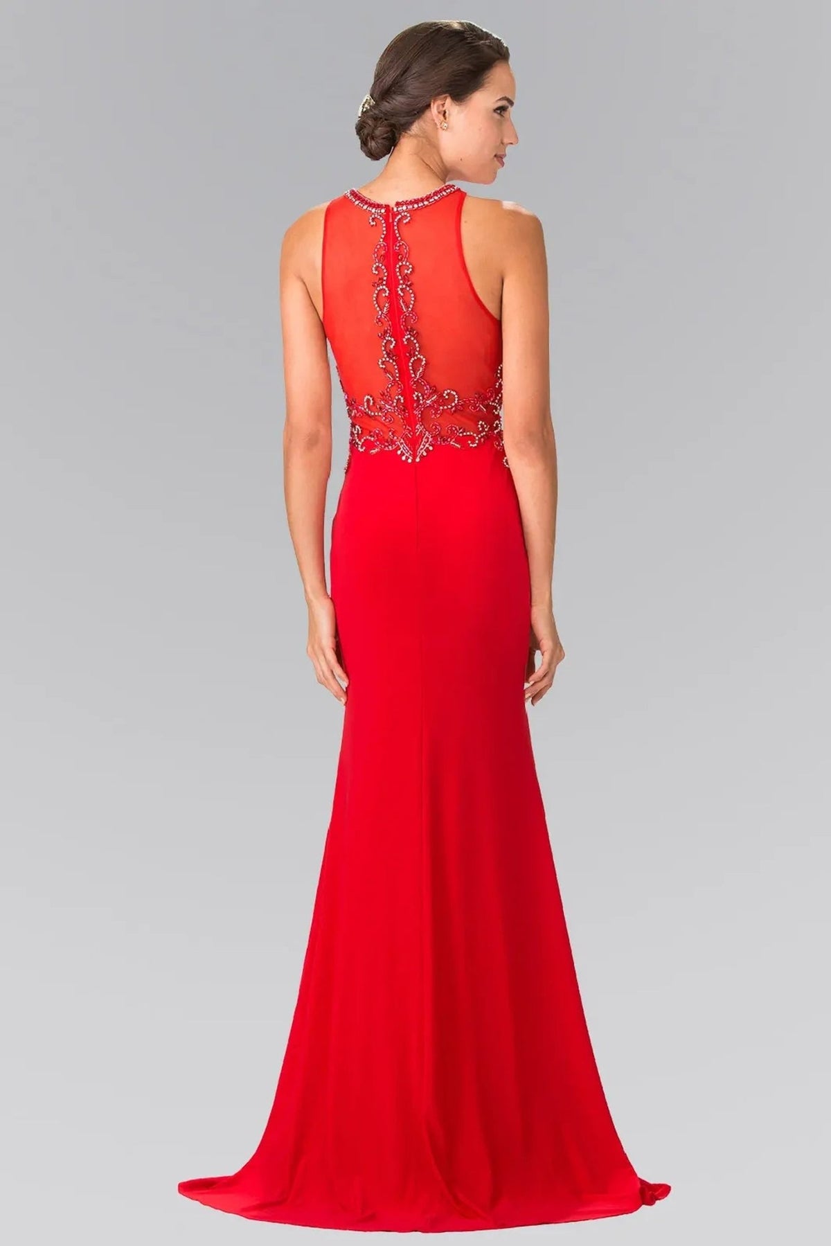 Red beading embellished formal dress side detail