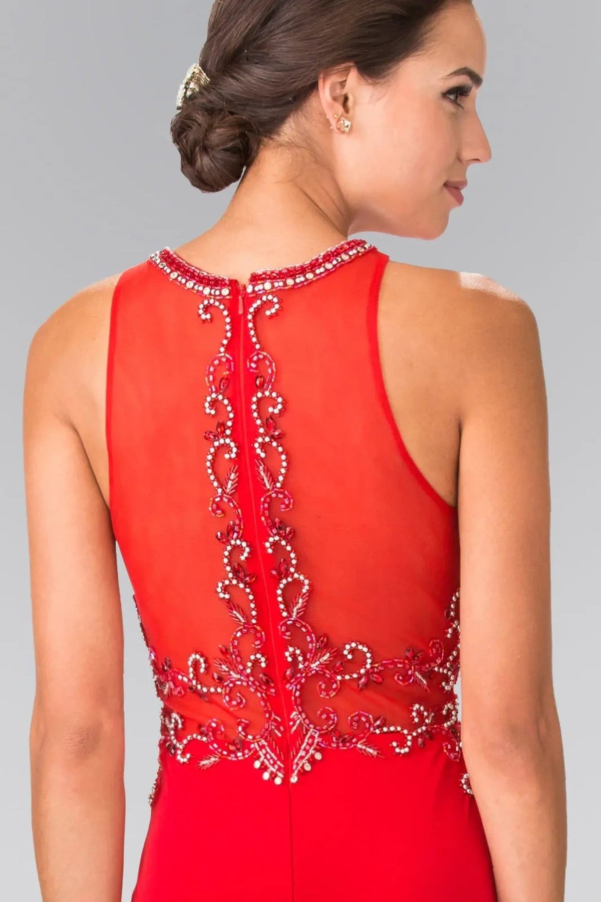 Red beading embellished formal dress back bodice detail