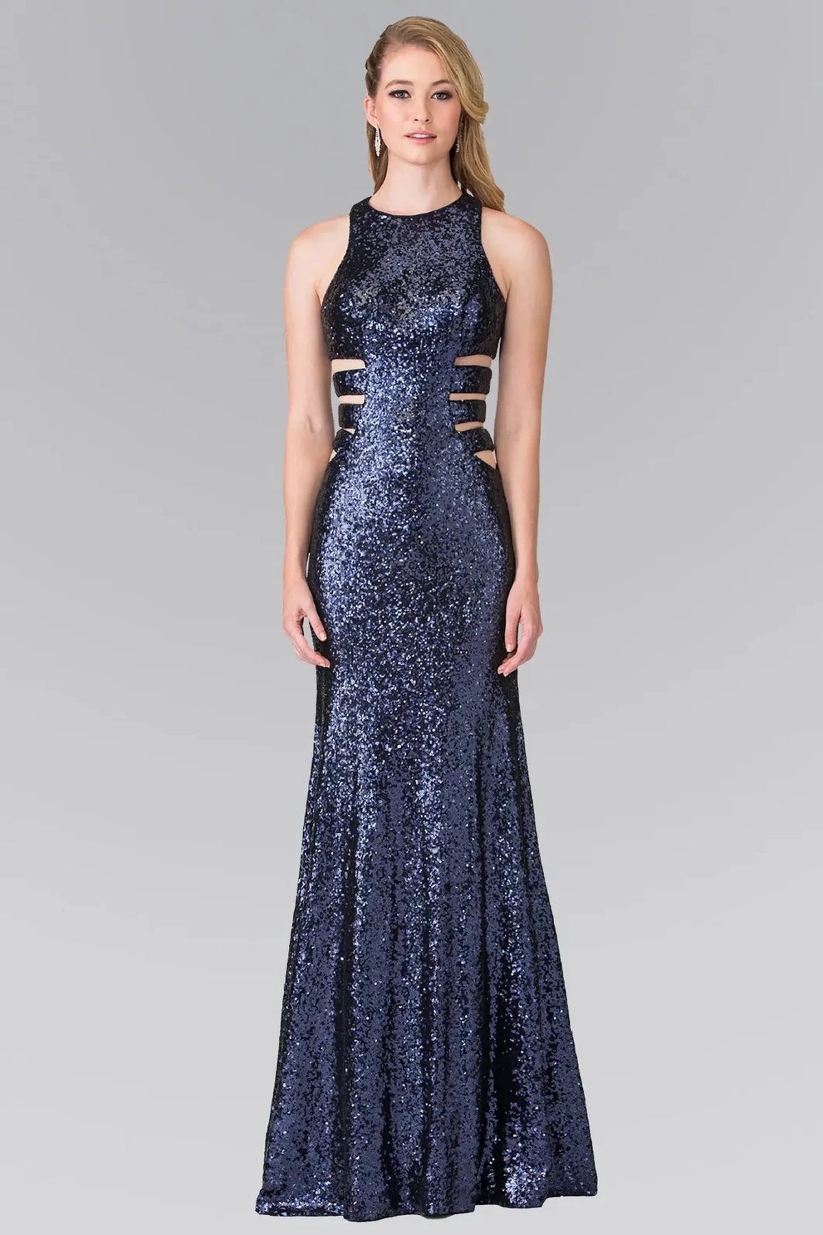 Navy sequin prom evening dress full front