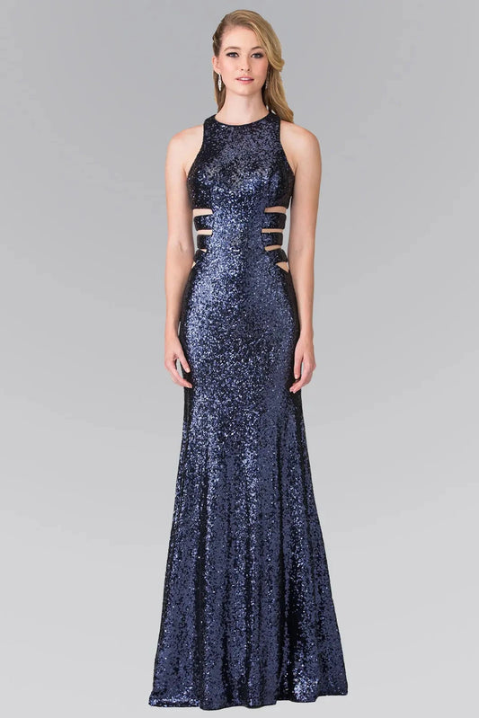 Full-length front view shows sequin styling on the Navy prom evening dress.