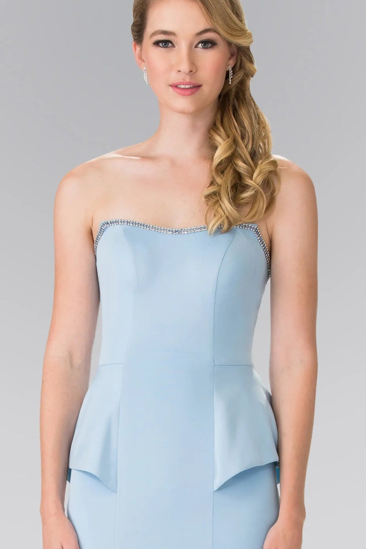 Blue embellished formal dress full front view