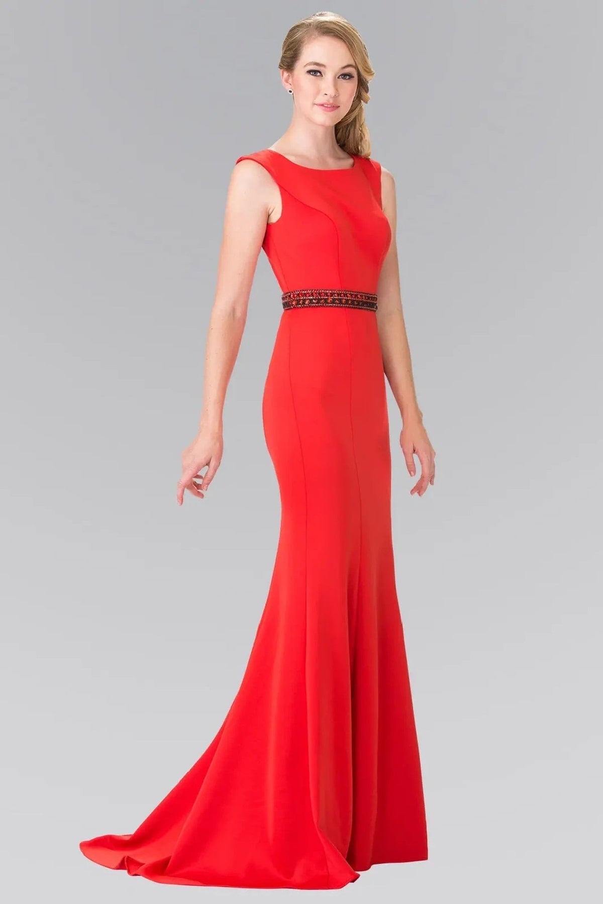 Red beading formal dress side detail