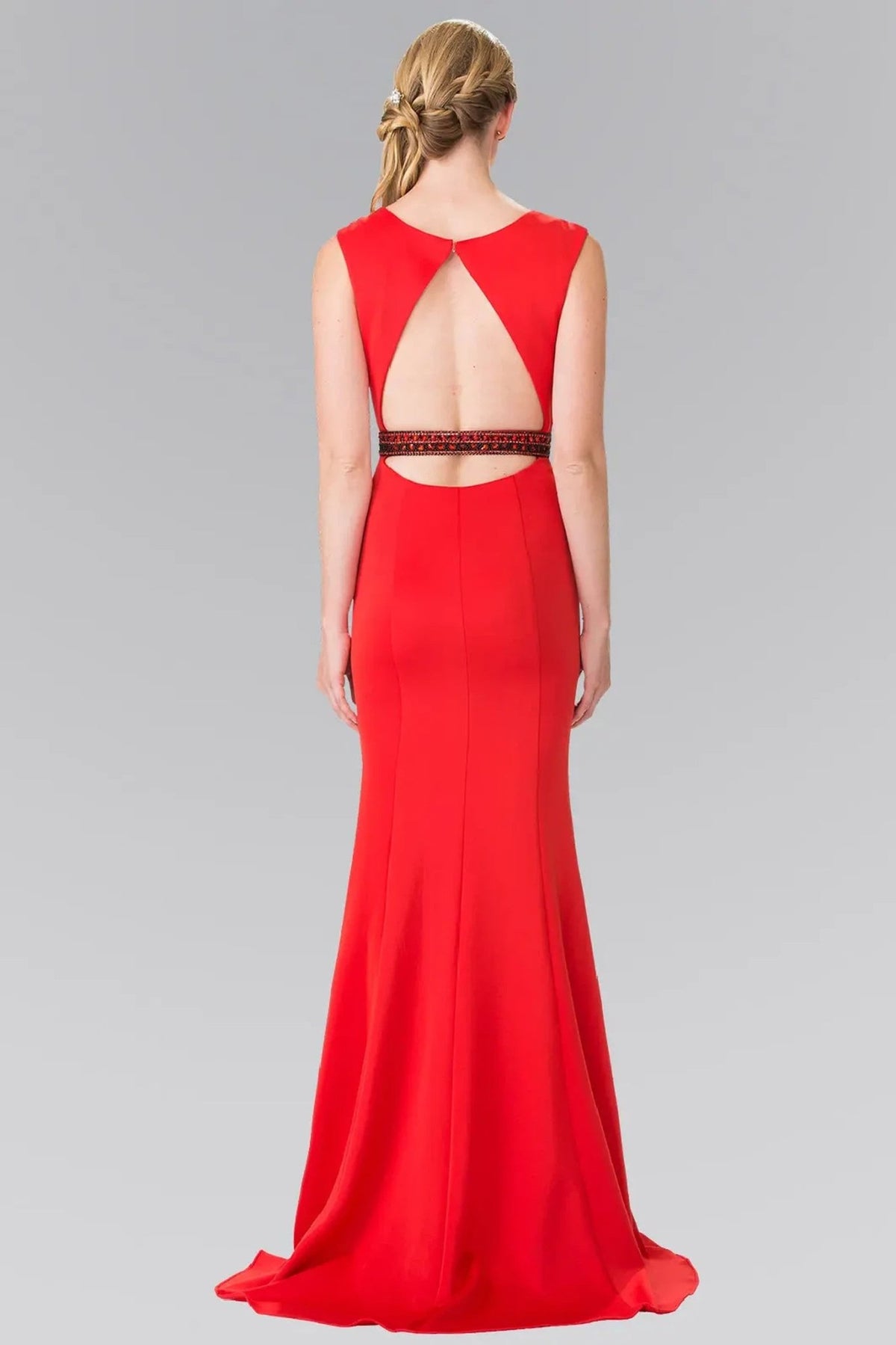 Red beading formal dress front bodice view