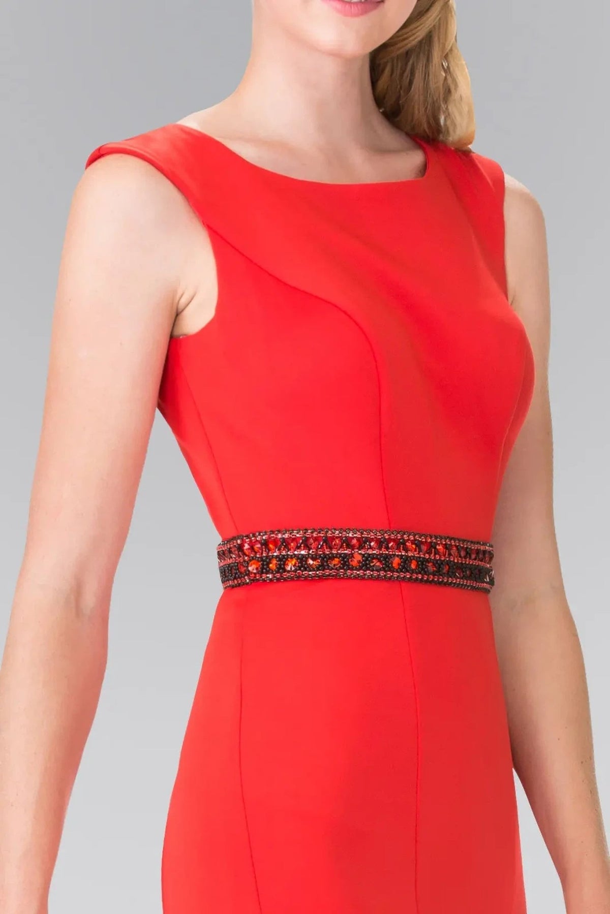 Red beading formal dress full front view