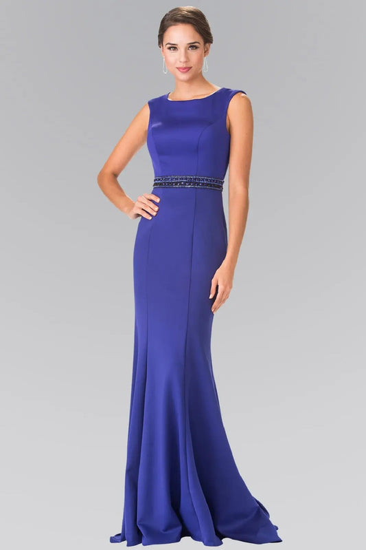 Full-length view highlights royal Blue beading formal dress.