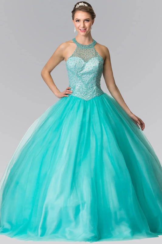 Full-length Aqua quinceañera ball gown showcases an illusion halter neckline and smooth aqua tulle ball skirt.